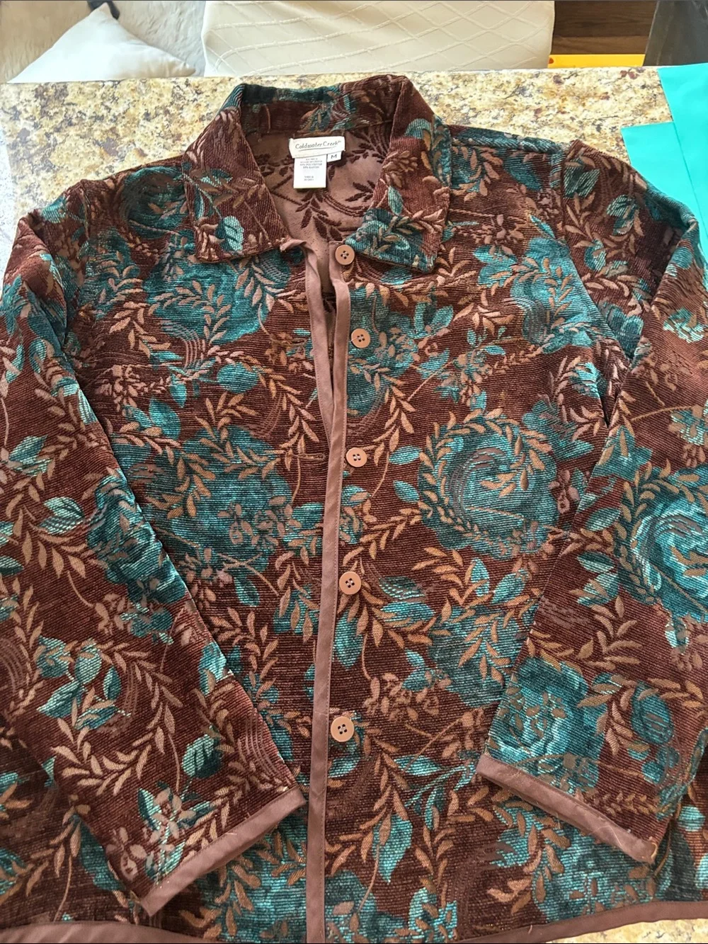 Coldwater Creek Brown & Teal Floral Button-Up Jacket